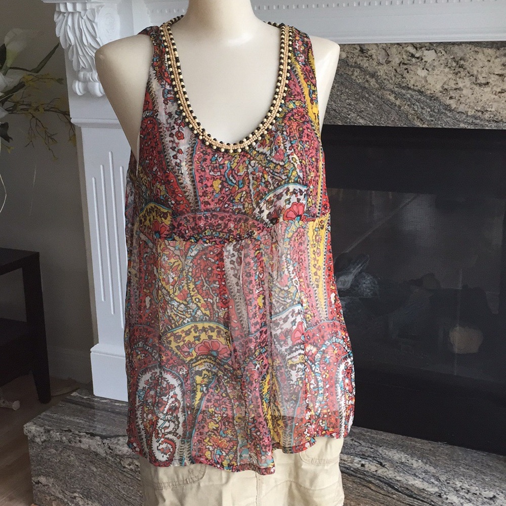 JOIE SILK TANK TOP Lined Beaded Boho Paisley Small